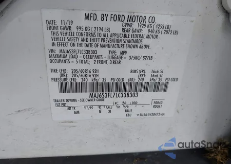 2020 Ford Ecosport S z USA, uszkodzony, nr VIN MAJ6S3FL7LC338303